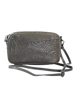 The Sak Cora Leather Smartphone Crossbody Bag Olive Gray Floral Embossed Small